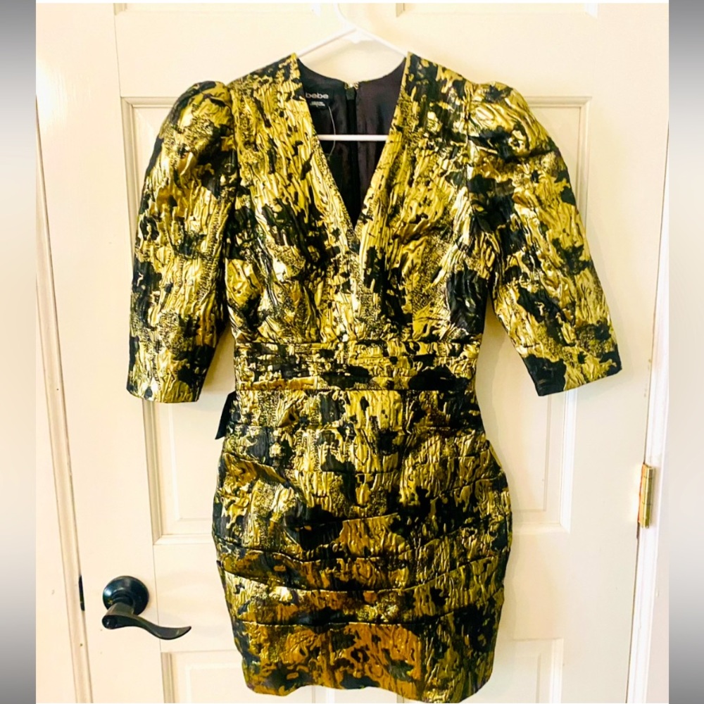 Bebe vintage 80’s style mini dress puff sleeves sexy gold black xs size 2 new